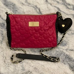 Betsey Johnson Quilted Heart Crossbody | Hot Pink Leather & Black Sequins